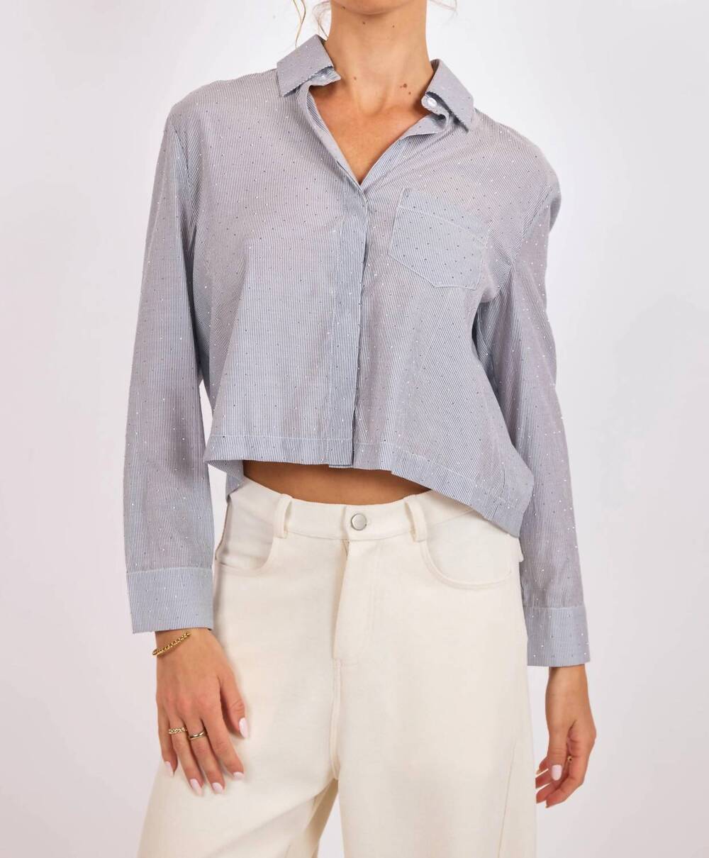 NEW SAGE THE LABEL glacier glow rhinestone cropped shirt in blue silver